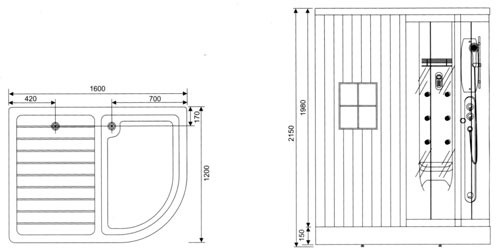 Technical image of Hydra Pro Sauna and steam massage shower enclosure, right handed.