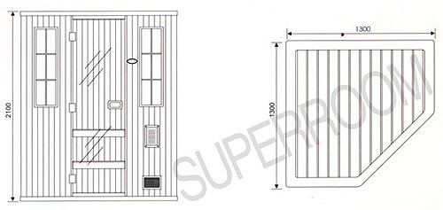 Technical image of Hydra Pro Corner sauna cabin 1300x1300mm.