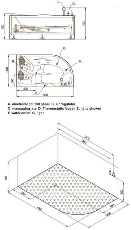 Technical image of Hydra Pro Whirlpool bath for two people.  Left Hand. 1800x1200mm.