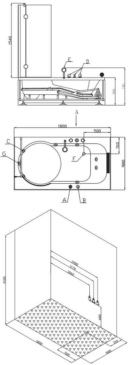 Technical image of Hydra Pro Complete Shower Bath (Left Hand). 1800mm. 6 Jet whirlpool.