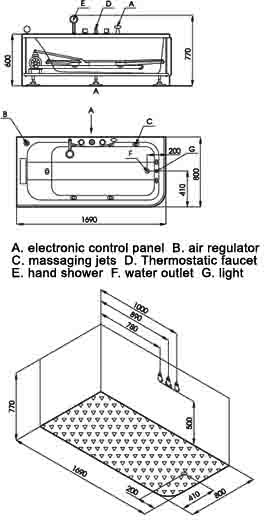 Technical image of Hydra Pro Deluxe Whirlpool Bath wth TV.  Right Hand. 1690x800mm.