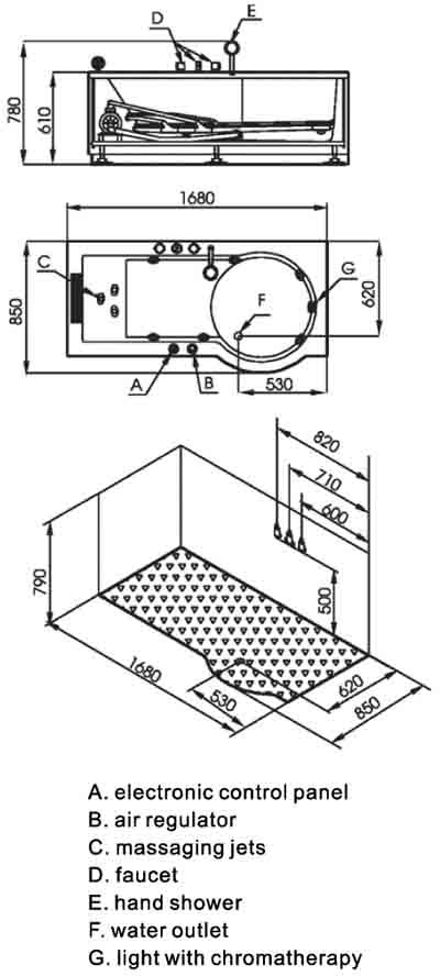 Technical image of Hydra Pro Complete Shower Bath (Left Hand). 1680mm. 8 Jet whirlpool.