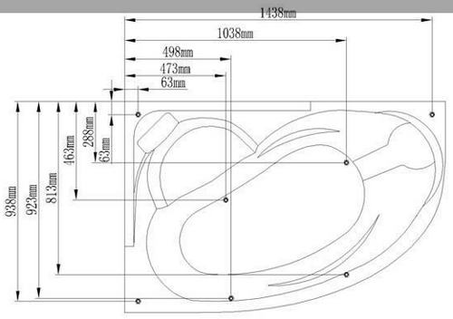 Technical image of Hydra Corner Whirlpool Bath With Bath Panel. 1500x1000 (Left Handed).