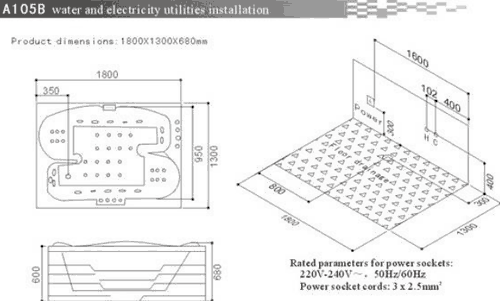 Technical image of Hydra Large Back To Wall Whirlpool Bath With Panels. 1800x1300mm.