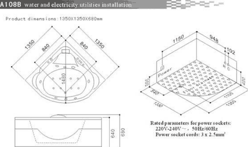 Technical image of Hydra Corner Whirlpool Bath With Panel. 1350x1350mm.