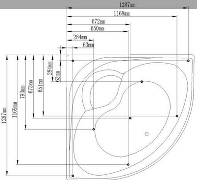 Technical image of Hydra Corner Whirlpool Bath With Panel. 1350x1350mm.