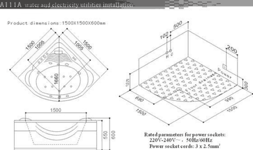 Technical image of Hydra Corner Whirlpool Bath With Panel. 1520x1520x600mm.