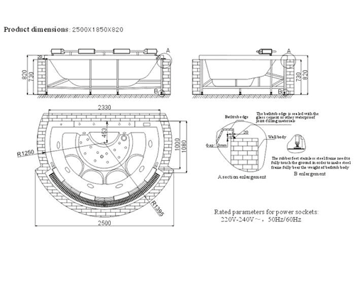 Technical image of Hydra Large Sunken Whirlpool Bath With Back Rests & Seats. 2500x1850.