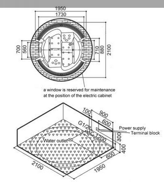 Technical image of Hydra Large Sunken Whirlpool Bath With Head Rests. 2100x1950.