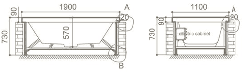 Technical image of Hydra Sunken Whirlpool Bath With Back Rests. 1900x1100.