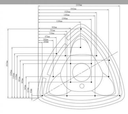 Technical image of Hydra Large Sunken Whirlpool Bath With Back Rests. 2290x2230.