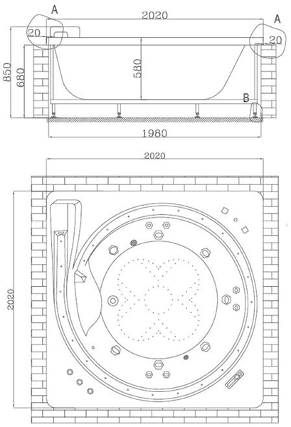 Technical image of Hydra Large Square Sunken Whirlpool Bath With Back Rests. 2020x2020.