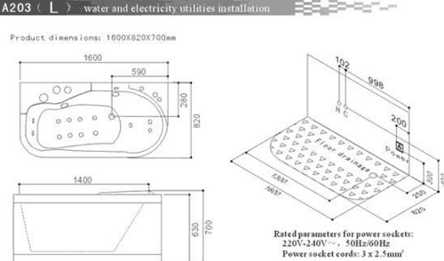 Technical image of Hydra Back To Wall Whirlpool Bath & Panel. 1600x820mm (Left Handed).