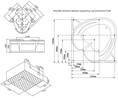 Technical image of Hydra Corner Whirlpool Bath With Bath Panel. 1500x1500.