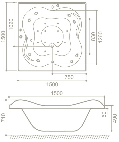 Technical image of Hydra Large Square Sunken Whirlpool Bath With TV (Blue). 1500x1500mm.