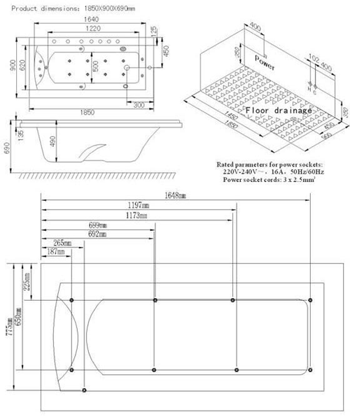 Technical image of Hydra Sunken Whirlpool Bath With TV & Red Surround. 1850x900.