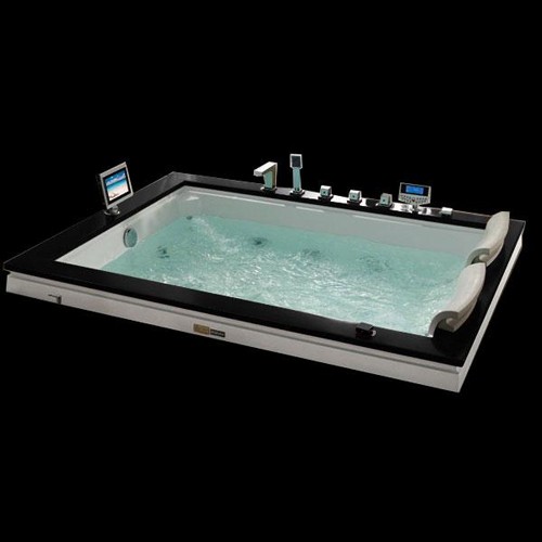 Larger image of Hydra Large Sunken Whirlpool Bath With TV & Oak Surround. 1860x1560.