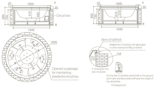 Technical image of Hydra Round Sunken Whirlpool Bath With TV & Oak Surround. 1900x1900.