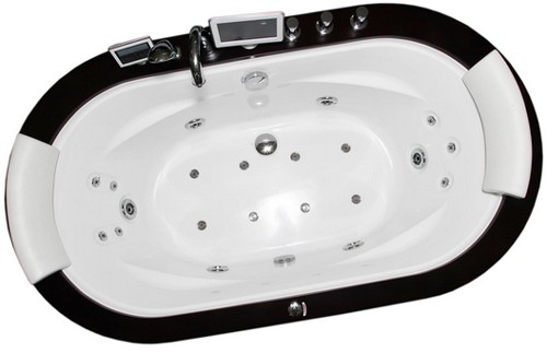 Example image of Hydra Freestanding Whirlpool Bath With Oak Surround. 1930x1080.