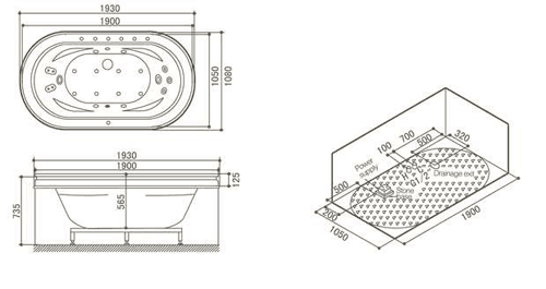 Technical image of Hydra Freestanding Whirlpool Bath With Oak Surround. 1930x1080.