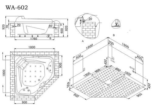 Technical image of Hydra Large Corner Sunken Whirlpool Bath With TV. 1800x1800mm.