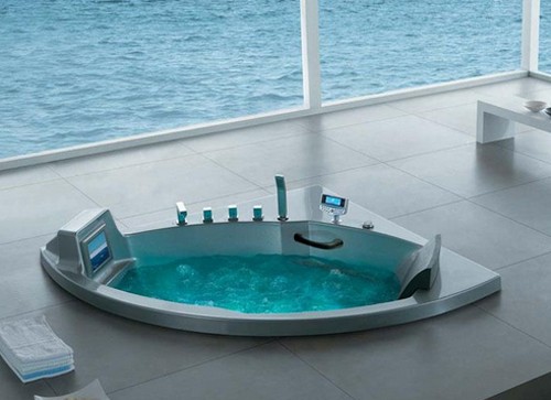 Larger image of Hydra Corner Sunken Whirlpool Bath With TV. 1470x1470mm.