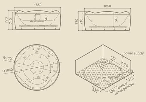 Technical image of Hydra Large Round Freestanding Whirlpool Bath. 1850x1850mm.