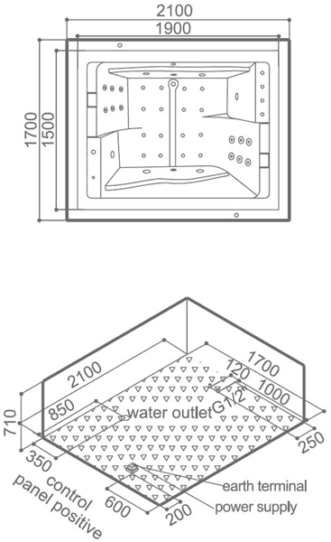 Technical image of Hydra Large Freestanding Whirlpool Bath With Head Rests. 2100x1700mm.