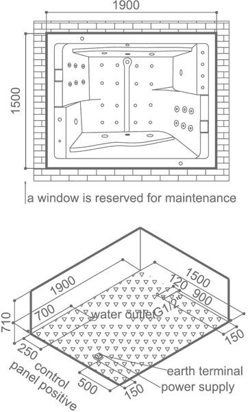 Technical image of Hydra Large Sunken Whirlpool Bath With Head Rests. 1900x1500mm.