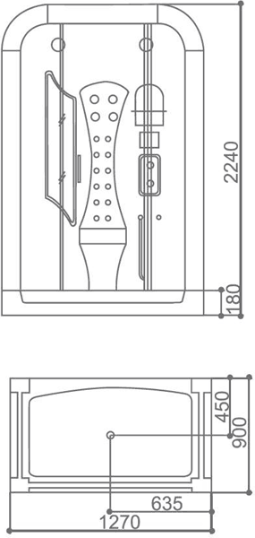 Technical image of Hydra Rectangular Steam Shower Pod With Therapy Lighting. 1270x900mm.