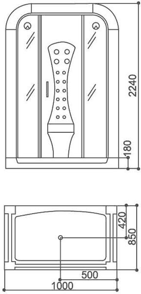 Technical image of Hydra Rectangular Steam Shower Pod With Therapy Lighting. 1000x850mm.