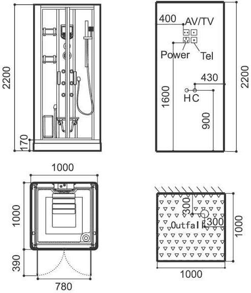 Technical image of Hydra Square Steam Shower Pod With Therapy Lighting. 1000x1000mm.