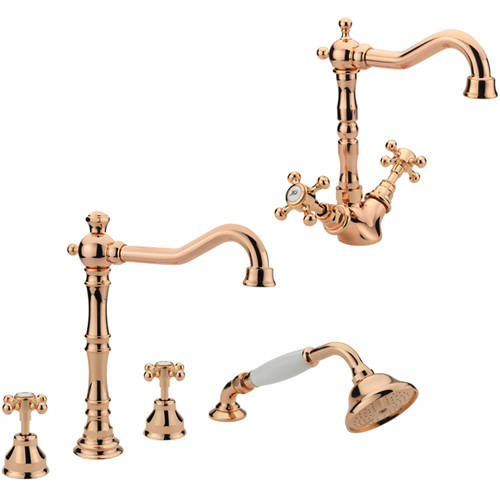 Larger image of Tre Mercati Allora Basin & 4 Hole Bath Shower Mixer Tap Pack (Rose Gold).