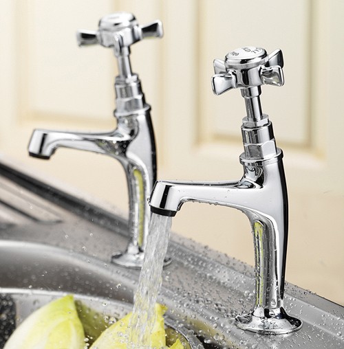 Example image of Tre Mercati Kitchen Imperial High Neck Pillar Taps (Chrome, Pair).