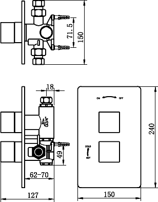 Technical image of Tre Mercati Geysir Thermostatic Twin Shower Valve Wtih Head & Arm.