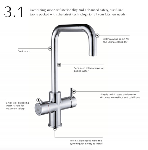 Technical image of Tre Mercati Boiling Taps 3-In-1 Boiling, Hot & Cold Water Tap (Chrome).