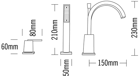 Technical image of Tre Mercati Mr Darcy Basin Tap & 4 Hole Bath Shower Mixer Tap Set.