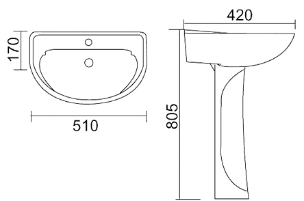 Technical image of Thames Modern Comet four piece bathroom suite with 2 tap hole basin.