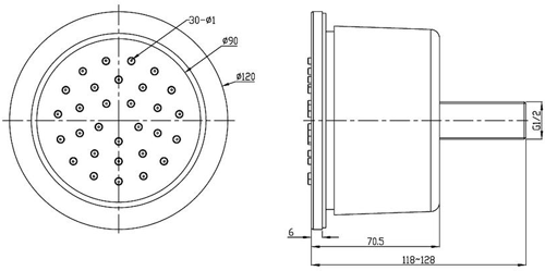Technical image of Ultra Showers 1 x Adjustable Round Body Jet (Flush To Wall).