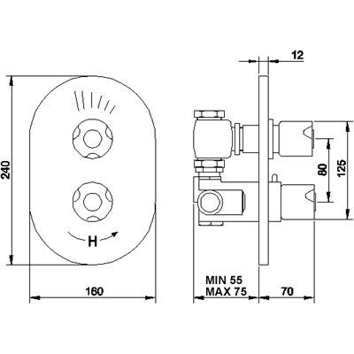 Technical image of Ultra Exact Twin concealed thermostatic shower valve