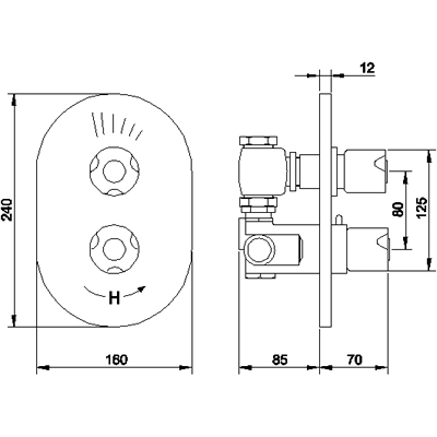 Technical image of Ultra Milo Twin concealed thermostatic shower valve