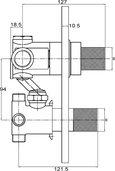 Technical image of Sensational Helix Triple thermostatic valve + slide rail & jets.