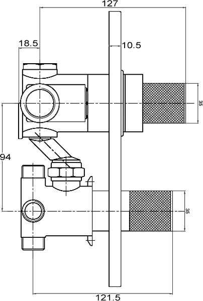 Technical image of Ultra Mantra 3/4" Twin Concealed Shower Valve With Diverter.