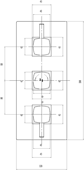 Technical image of Hudson Reed Jule Triple concealed thermostatic shower valve.