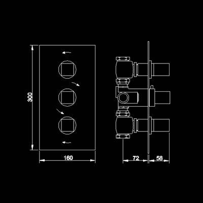 Technical image of Hudson Reed Kubix Triple Concealed Thermostatic Shower Valve (Chrome).