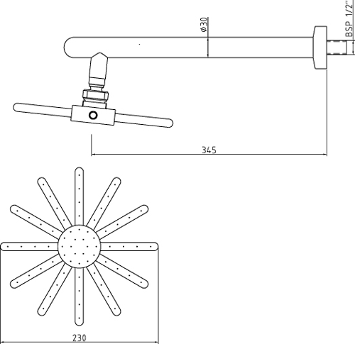 Technical image of Hudson Reed Kubix Triple Concealed Thermostatic Shower Valve, Head & Jets.