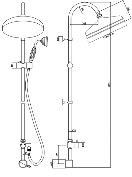 Technical image of Pioneer Traditional Thermostatic Shower Valve & Rigid Riser Kit (Polymer).