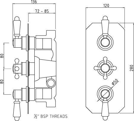 Technical image of Hudson Reed Traditional Thermostatic Triple Concealed Shower Valve.