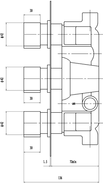 Technical image of Nuie Quest Triple Concealed Thermostatic Shower Valve.