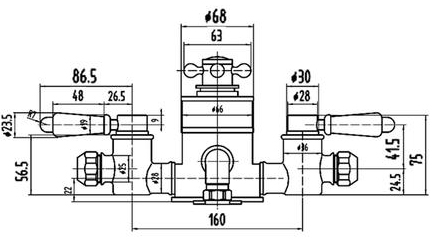 Technical image of Ultra Showers Triple Exposed Valve With Rigid Riser Kit & Bath Spout.